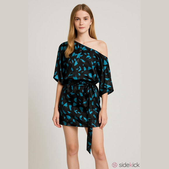 Y2K Express Silk Micro Mini Dress L Dolman Belt Stretch Grunge Glam Whimsygoth - Picture 13 of 13